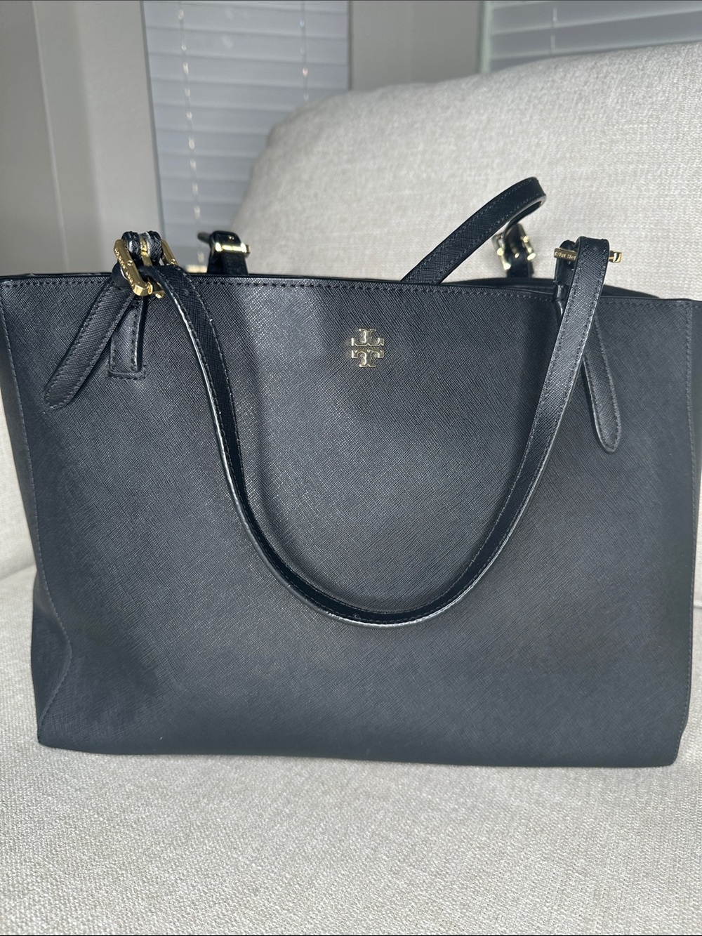 Tory Burch Black Saffiano Leather Tote with Gold Logo